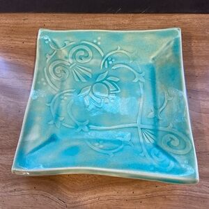 Studio Pottery Square Turquoise Trinket/Key Dish with Floral Design